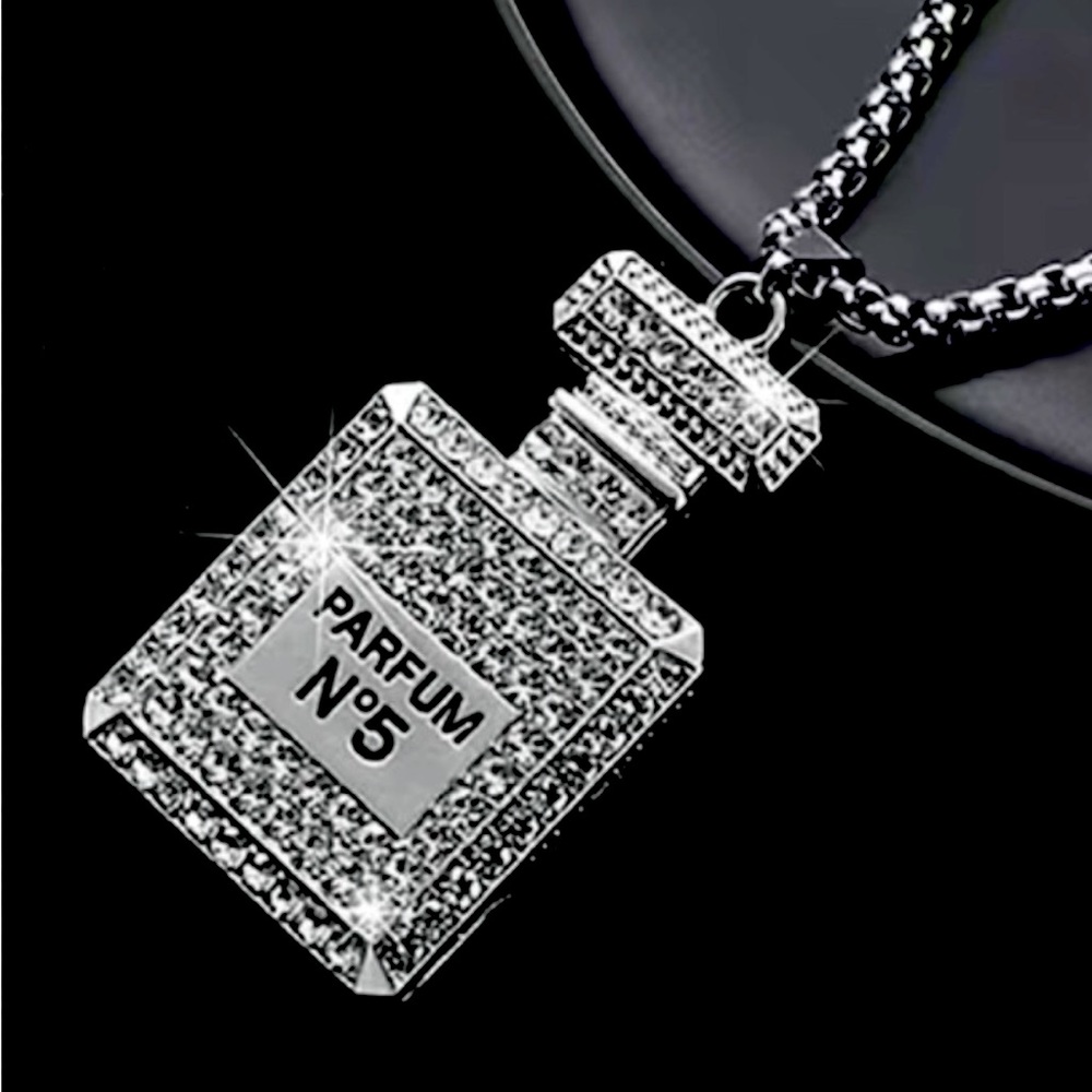 PERFUME BOTTLE SILVER TONE AND RHINESTONE PARFUM NO. 5 NECKLACE - Picture 3 of 6